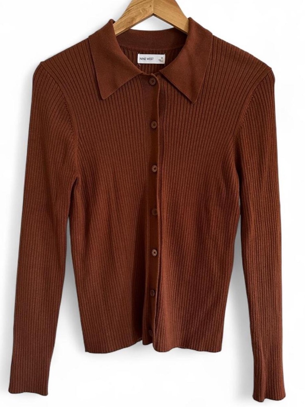 Nine West M Brown Ribbed Knit Collared Cardigan Top 90s Minimalist Y2K Neutral - Picture 2 of 8